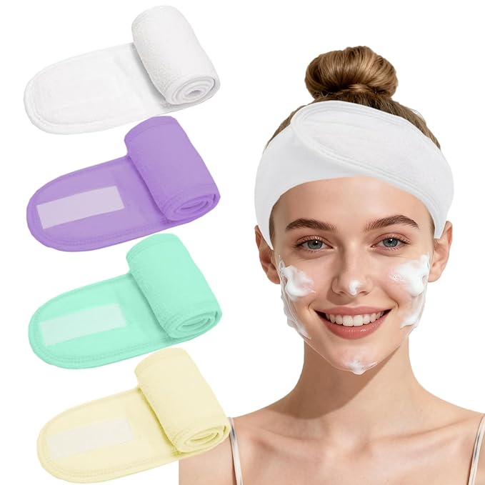 4 Pack Adjustable Makeup Headbands – Non-Slip Spa & Facial Hair Wrap, Washable Headband for Shower, Yoga, Gym, Salon & Home Use (Fits All),HZFD-CA