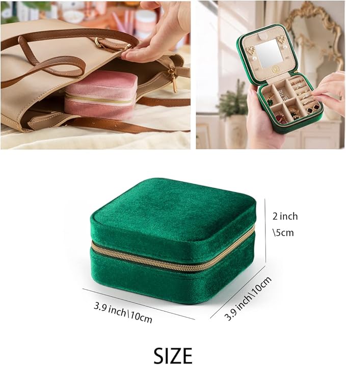 Plush Velvet Travel Jewelry Case, Travel Jewelry Organizer, Jewelry Travel Case, Travel Jewelry Box, Small Jewelry Case, Jewelry Travel Box, Earring Organizer with Mirror - Emerald Green 4packs