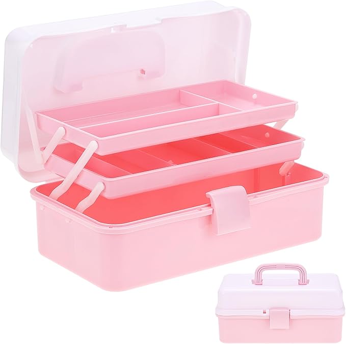 OUTUXED 12.5inch 3-Layer Multipurpose Craft Organizers, Portable Folding Toolbox, Plastic Tool Box with Handle for Sewing Supplies, Medicine, Art Supplies, Nails and Hair Accessories(Dusty Pink)