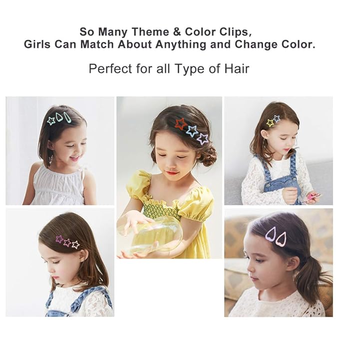 KUBOM 100 Pcs Candy Color Hair Clips,Colorful Hair Barrette Metal Cute Snap Hair Clips for Girls, Toddlers, Kids (Animals Fruits Crowns Stars)