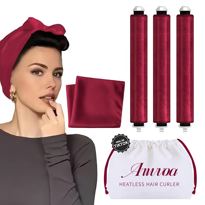 Heatless Hair Curler Heatless Curls Overnight Heatless Blowout with Luxury Cloth Bag Silk Scarf, Curling Rod Headband to Sleep in No Heat Curling with (burgundy, 3Rods)