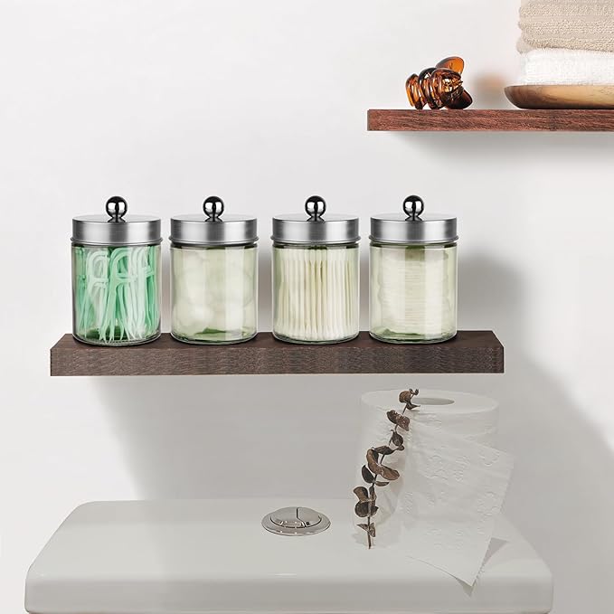 Amolliar Sage Green Qtip Holder, Glass Apothecary Jar Metal Lid & Sticker, Bathroom Qtip Dispenser Storage Canister, Perfect for Cotton Balls, Swabs, Round Pads, Bath Salt, Floss,Brushed Nickel 2 Pack