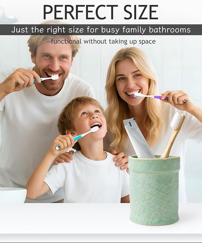Toothbrush Holder, Tooth Brush Holder for Bathroom - Ceramic Toothbrush Cup Toothbrush Holders Countertop, Makeup Brush Holder Pen Holder, 3.54" x 3.54" x 4.33", Green, ANTIS'S HOME