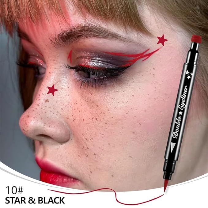 evpct 1Pcs 2-in-1 Red Colored Winged Eyeliners Stamp, Red Stars Face Stamps Makeup, Waterproof Eyeliner Eye Stamp Liners Tool Set Kit for Womem, Wing Eyeliner Stamp Figures Tool Wingliner Shapes, 10#