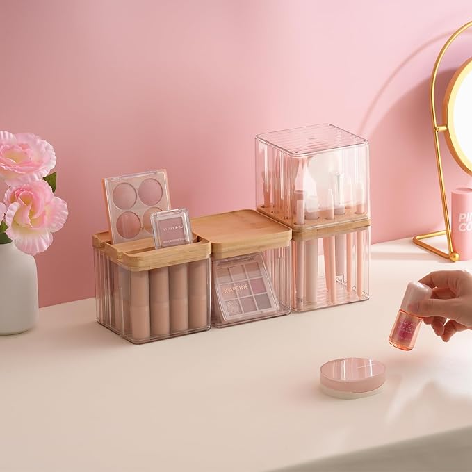 Makeup Brush Holder Comb with Cover Makeup Containers Organizers Set Makeup Holder Box Cosmetic Case With Lid Waterproof Dustproof Beauty Skincare Organizer Bathroom Vanity Countertop,Gift,Clear，3PCS