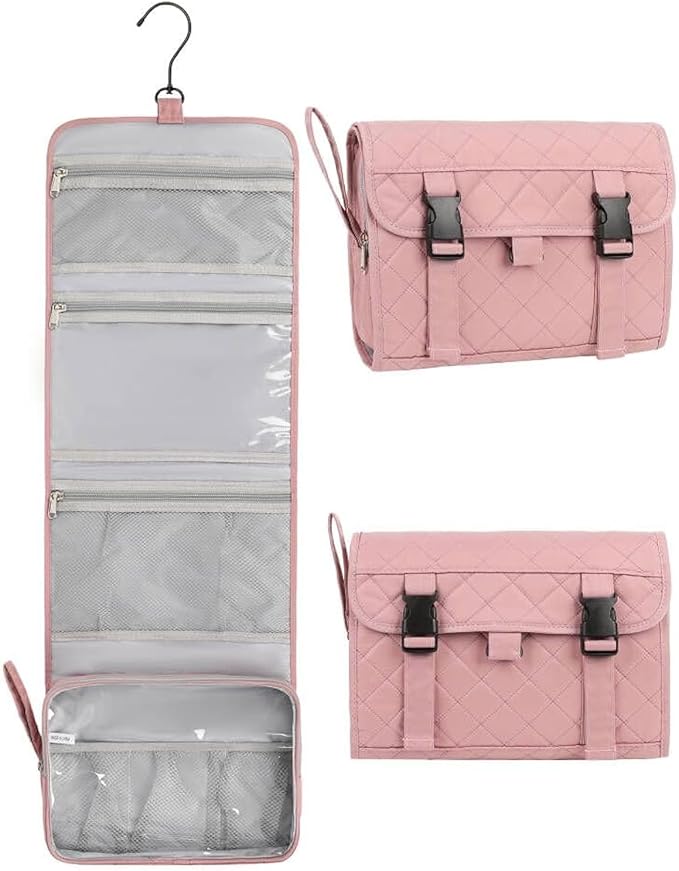 Relavel Travel Hanging Toiletry Bag, Travel Kit Shaving Bagfor Men Women, Waterproof Makeup Bag, Large Wash Bag Makeup Organizer, Toiletries Case for Bathroom Nude Pink