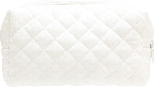PAZIMIIK Vintage Quilted Makeup Bag Cosmetic Pouch for Brushes Pencils and Travel Make Up Accessories for Women and Girls White