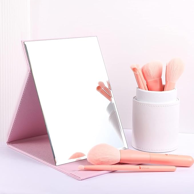 DUcare Folding Mirror Portable Travel PU Portable Adjustable Rectangular Ultrathin Vanity Mirror with Stand Pink