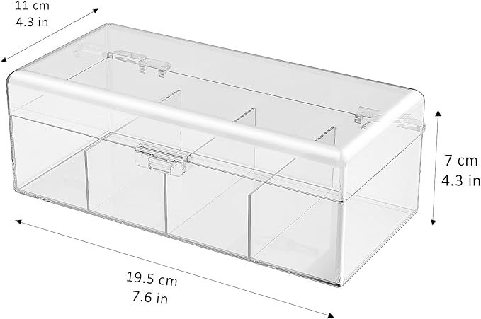 JessLab Hair Accessories Organizer for Girls, Acrylic Hair Bow Tie Clip Scrunchie Holder with Dividers, Clear Stackable Storage Box for Bathroom, Bedroom, Vanity Countertop, 4 Compartment