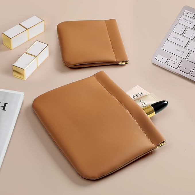 2 Pack Small Makeup Bag for Women, New Organosilicon Super Fiber Leather Mini Cosmetic Bag for Travel, Coin Purse Organizer Storage Pouch (Brown)