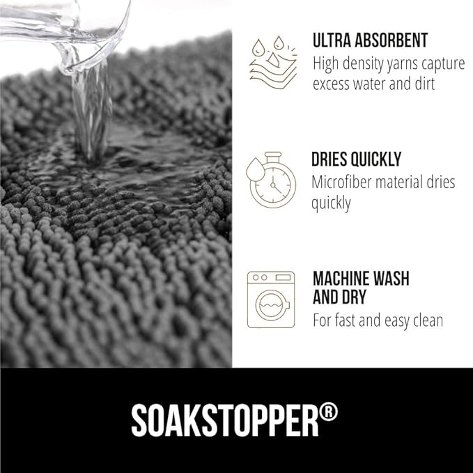 GORILLA GRIP SoakSTOPPER Dog Door Mat, 36x24 Machine Washable Rug Absorbent Doormat Captures Moisture Mud Dirt, Quick Dry Soft Chenille Entryway Rugs Indoor Entrance Mats for Dog Paws, Grey