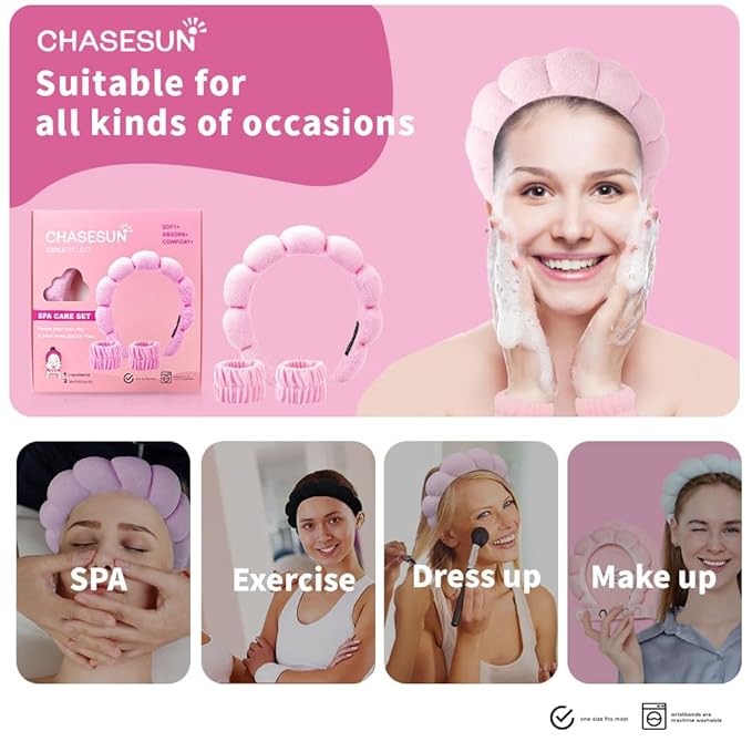 CHASESUN SPA Headband Skincare Hair Band Bubble headband Set for Washing Face Makeup Skincare SPA Bubble with Wristbands Set Pink