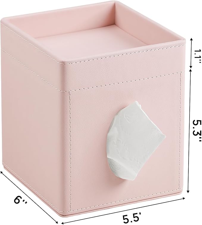 Tissue Box Cover, PU Leather Square Tissue Box Holder with Storage Tray for Bathroom Vanity Countertop Night Stands Bedroom Office Desk, Stylish Tissue Holder Decorative Organizer (Pink)