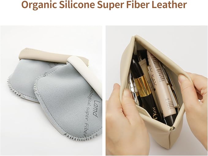 2 Pack Small Makeup Bag for Women, New Organosilicon Super Fiber Leather Mini Cosmetic Bag for Travel, Coin Purse Organizer Storage Pouch (Beige)