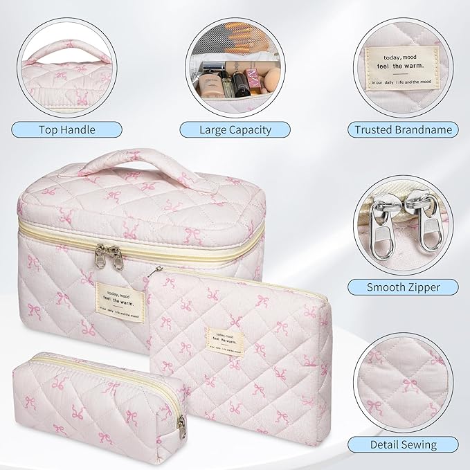 senbowe Floral Makeup Bag, 3 Pack Large Cotton Quilted Makeup Bag Set, Cute Floral Coquette Aesthetic Toiletry Bag Make Up Cosmetic Bag for Women, Toiletry Travel Make Up Organizer Bag