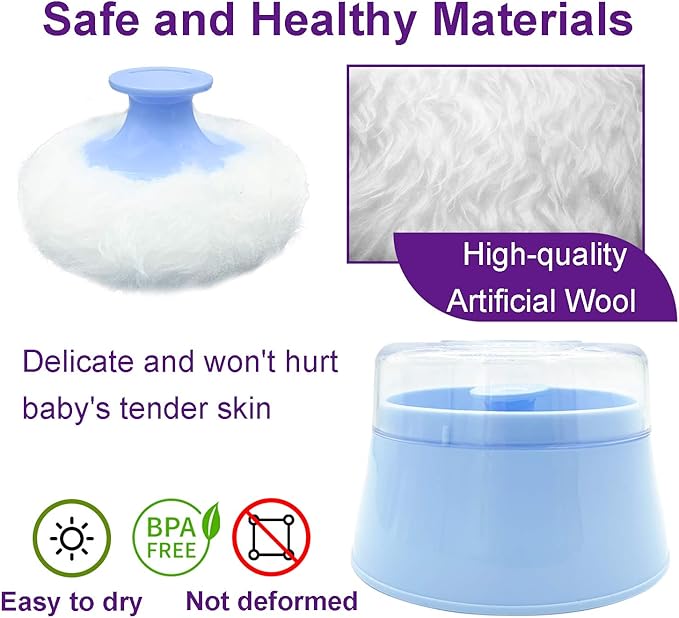 BPA Free Baby Powder Puff Box, Large 2.8" Fluffy Body After-Bath Powder Case, Baby Care Face/Body Villus Powder Puff Container, Makeup Cosmetic Talcum Powder Container with Hand Holder (Blue)
