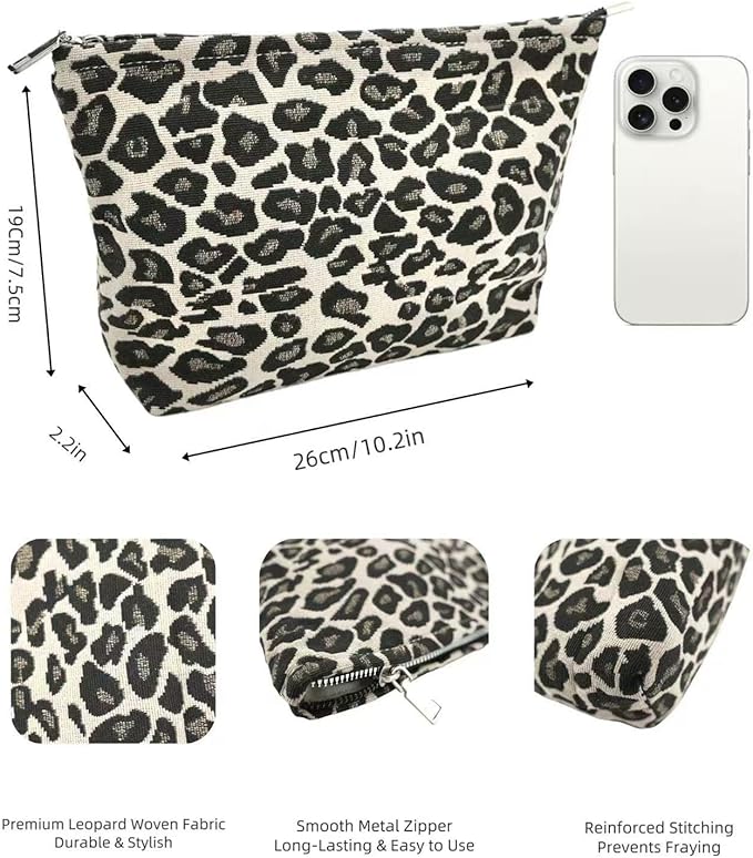 Brown Leopard Canvas Makeup Bag Organizer for Women & Girls - Large Capacity Travel Toiletry Pouch | Purse Organizer Cosmetic Zipper Bag