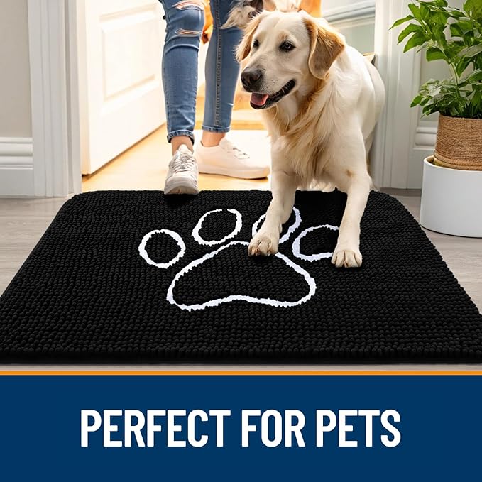 OLANLY Dog Door Mat for Muddy Paws 54x32, Paw Print Design, Absorbs Moisture and Dirt, Absorbent Non-Slip Washable Doormat, Quick Dry Chenille Mud Mat for Dogs, Entry Indoor Entryway Carpet, Black