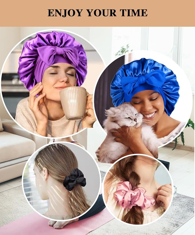 2+3 Large Satin Bonnets with Scrunchies for Women, Hair Bonnet Sleeping Tie Bonnet for Braids Curly Hair