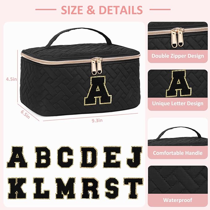 Gifts Initial Makeup Organizer Bag for Girls, Chenille Letter Personalized Cosmetic Bag with Zipper | Preppy Quilted Portable Makeup Pouch Teen Birthday Gifts (T, Balck)