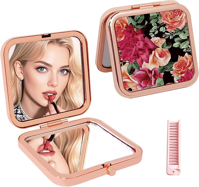 Luxury Rose Print Compact Mirror - Double-Sided 1X/2X Magnifying Makeup Mirror, Rose Gold Metal Frame, Portable Travel Pocket Mirror for Purse & Handbag, Stylish Gift for Women