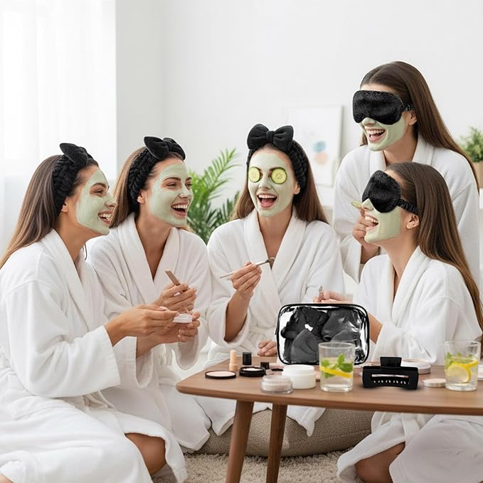 Hoteam 24 Pcs Galentine Spa Party Favors Supplies 6 Spa Headband 6 Plush Sleep Eye Mask 6 Hair Claw Clips 6 Clear Cosmetic Bags for Adult Sleepover Slumber Party Valentine Gift(Black)