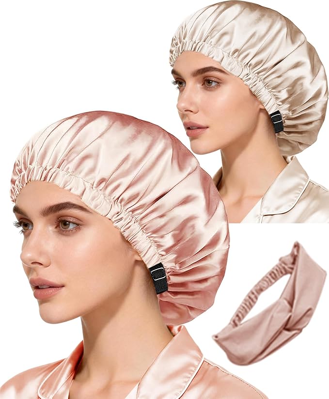 Hair Bonnets 3Pcs Satin Bonnet For Sleeping Silky Bonnets Womens Silk Bonnet Night Caps Curly Hair Sleep Cap For Women