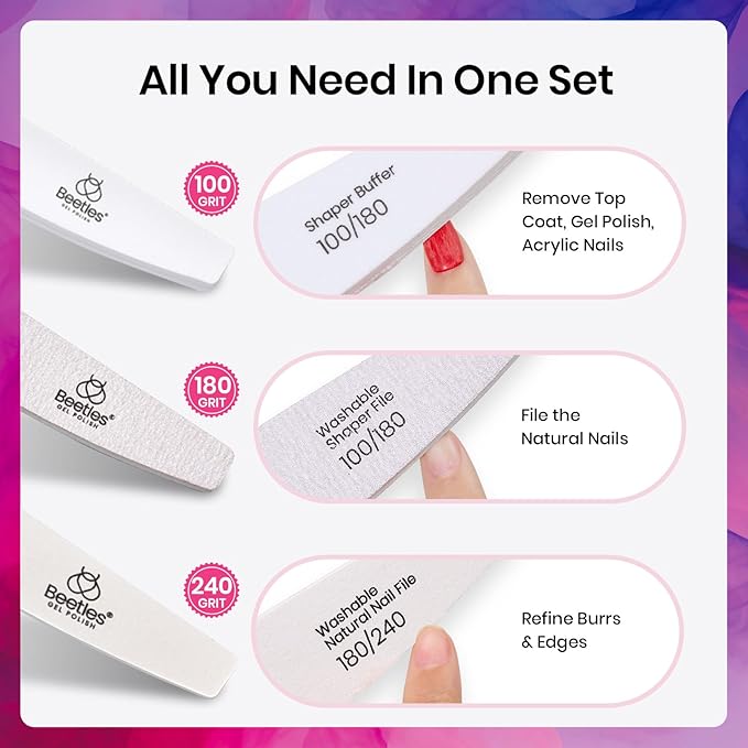 Beetles Pro 3-Pcs Nail File Nail Buffer - Professional 100/180/240 Grit Nails Files and Buffers Double Sided Washable Shaper Files for Acrylic, Gel & Natural Nails – Salon Quality Manicure Tool