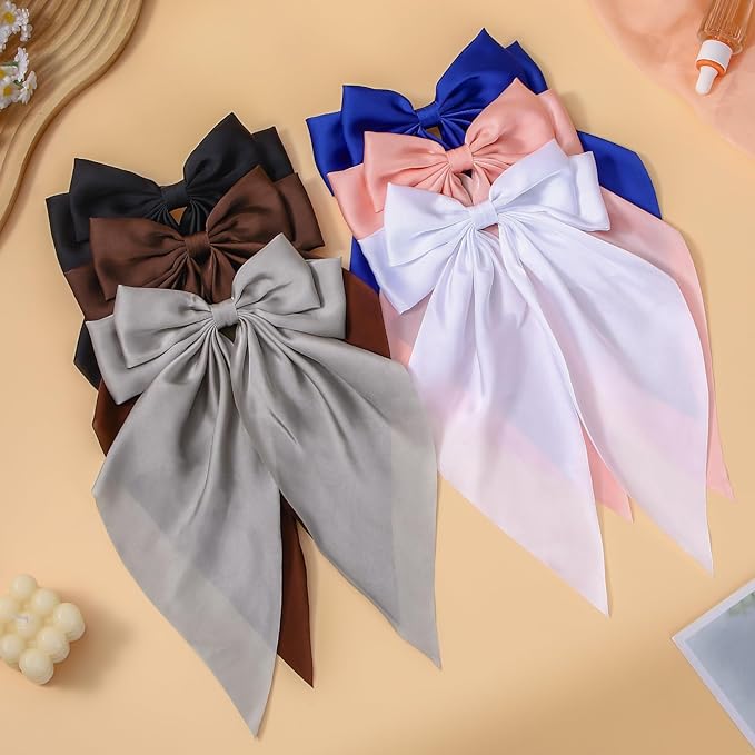 6 PCS Hair Bows for Women, Big Bow Hair Clips for Girls, Silky Satin Hair Bows Clips Oversized Long Tail, Large Cute Aesthetic Hair Accessories, Metal Bow Hair Clips Holiday Gifts Blue