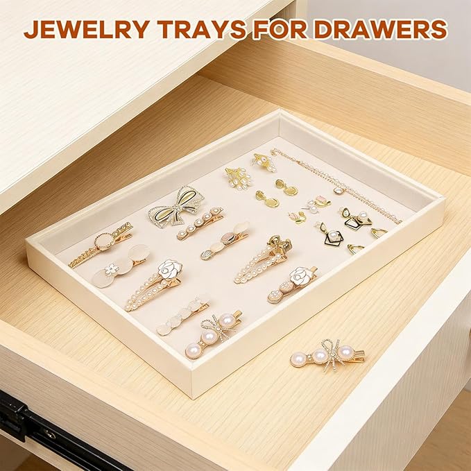 JETEHO Beige Velvet Jewelry Trays for Drawers Black Jewelrys Display Tray Stackable Jewelry Organizer Trays for Necklace Bracelet Ring Watch (4 Pack)