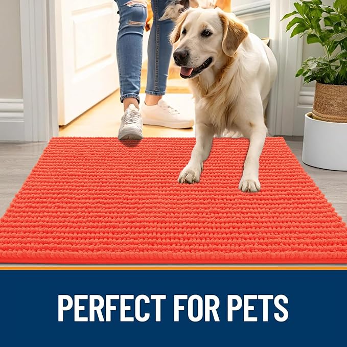 OLANLY Dog Door Mat for Muddy Paws 44x24, Ultra Absorbent Chenille Mud Doormat, Non-Slip Washable and Dirt Trapping Doormat for Indoor Entryway, Quick-Dry Indoor Pet Bed Mats for Dogs, Coral