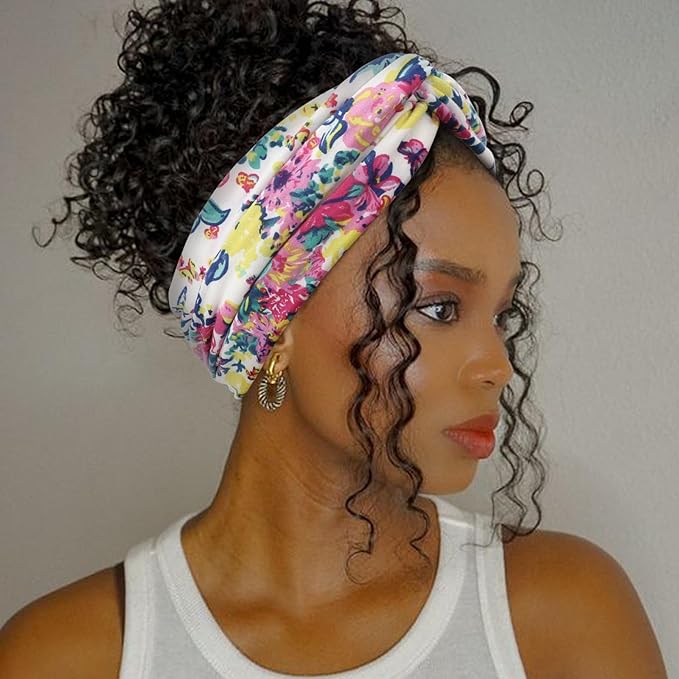 DRESHOW 4 Pack Boho Non-Slip Headbands for Women Girls Yoga Workout Running Knotted Turban Floral Elastic Head Wrap