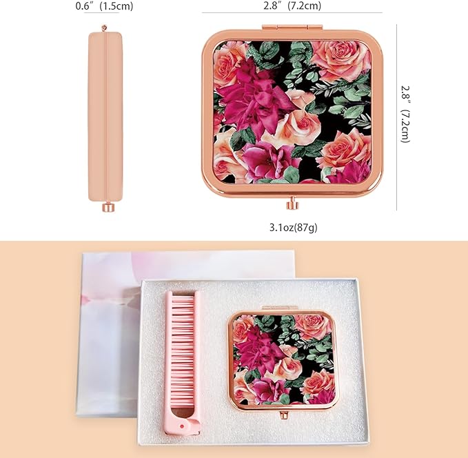 Luxury Rose Print Compact Mirror - Double-Sided 1X/2X Magnifying Makeup Mirror, Rose Gold Metal Frame, Portable Travel Pocket Mirror for Purse & Handbag, Stylish Gift for Women