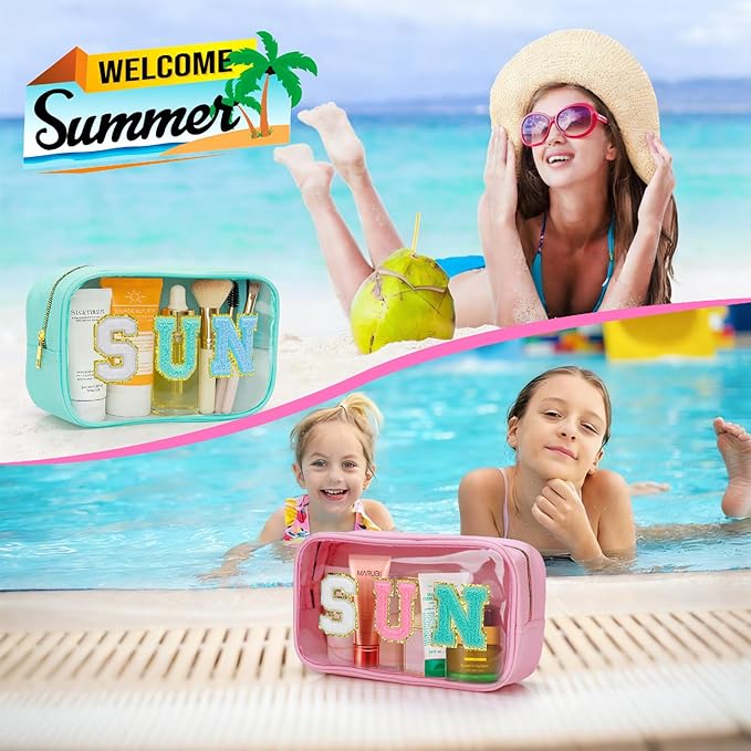 Clear Makeup Bag,Waterproof Sunscreen Bag with Letter Patches,Travel Beach Pool Bag,Personalized Travel Toiletry Cosmetic Bags Gifts For Girl Women Mom Teacher Nurse (Pink-Blue Tone Sun)