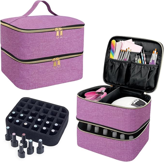 UOZL Nail Polish Organizer, Handheld Double Layer Organizer Holds 30 Bottles (15 ml/0.5 floz) with Adjustable Dividers for Nail Polish Small Manicure Lamp Manicure Tools Essential and Travel,Purple