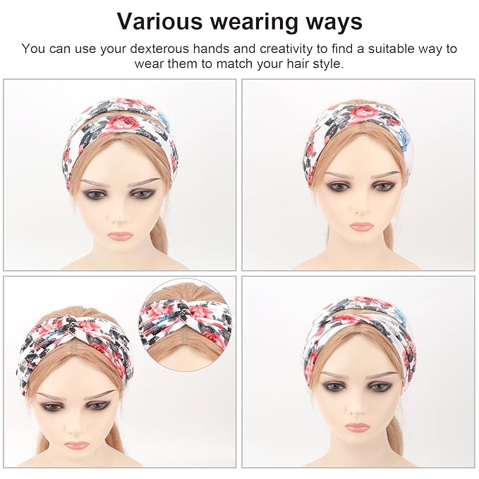 DRESHOW 4 Pack Boho Non-Slip Headbands for Women Girls Yoga Workout Running Knotted Turban Floral Elastic Head Wrap
