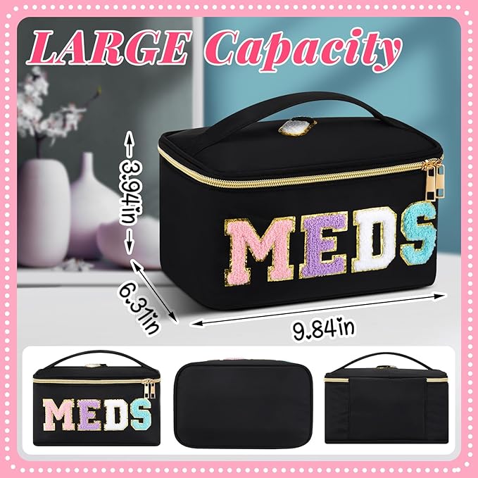 Geetery Clear Makeup Bag Chenille Letter Meds Bag Travel Cases Preppy Patch with Zipper, Portable Cosmetic Toiletry Storage case for Women(Meds,Black)