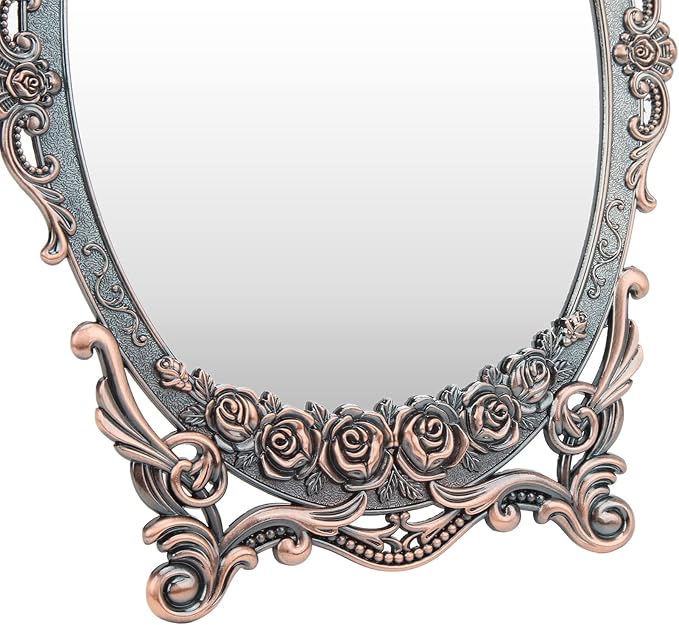 Cyrank Vintage Makeup Mirror, Oval Floral Mirror Decorative Tabletop Makeup Metal Vintage Cosmetic for Home Decorative(Red Bronze)