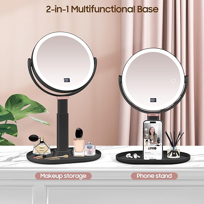 Makeup Magnifying Mirror with Light 30X/1X, Digital Display, 2-Sided Touch Control, Makeup Mirror with 3 Color Lights,360° Rotate, Height Adjustable Lighted Magnifying Mirrors for Desk Travel