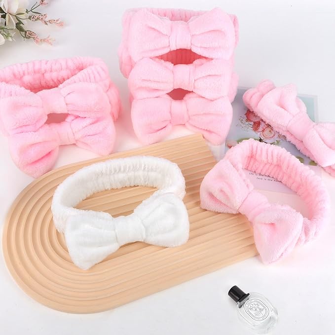 CIEHER 8 Pcs Spa Headbands - 1 White + 7 Pink, Microfiber Hairbands for Bachelorette Party Favors, Bridal Shower Decorations, Skincare Makeup Headbands for Girls, Women's Accessory