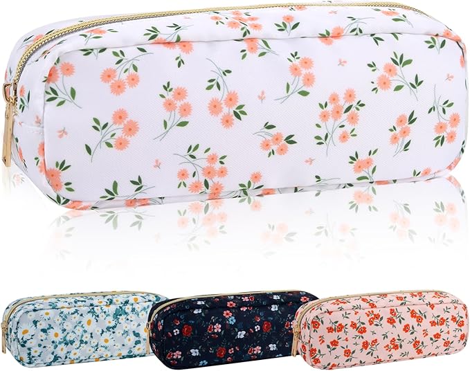 Nylon Small Makeup Bag Slim Pouch, Cute Floral Preppy Makeup Brush Bag Portable Make up Pouch with Zipper, Waterproof Travel Toiletry Bag Coin Purse Storage Organizer for Women Girls(Pink Flower)