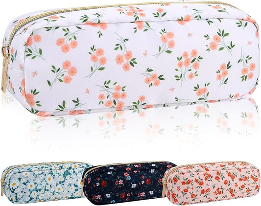 Nylon Small Makeup Bag Slim Pouch, Cute Floral Preppy Makeup Brush Bag Portable Make up Pouch with Zipper, Waterproof Travel Toiletry Bag Coin Purse Storage Organizer for Women Girls(Pink Flower)