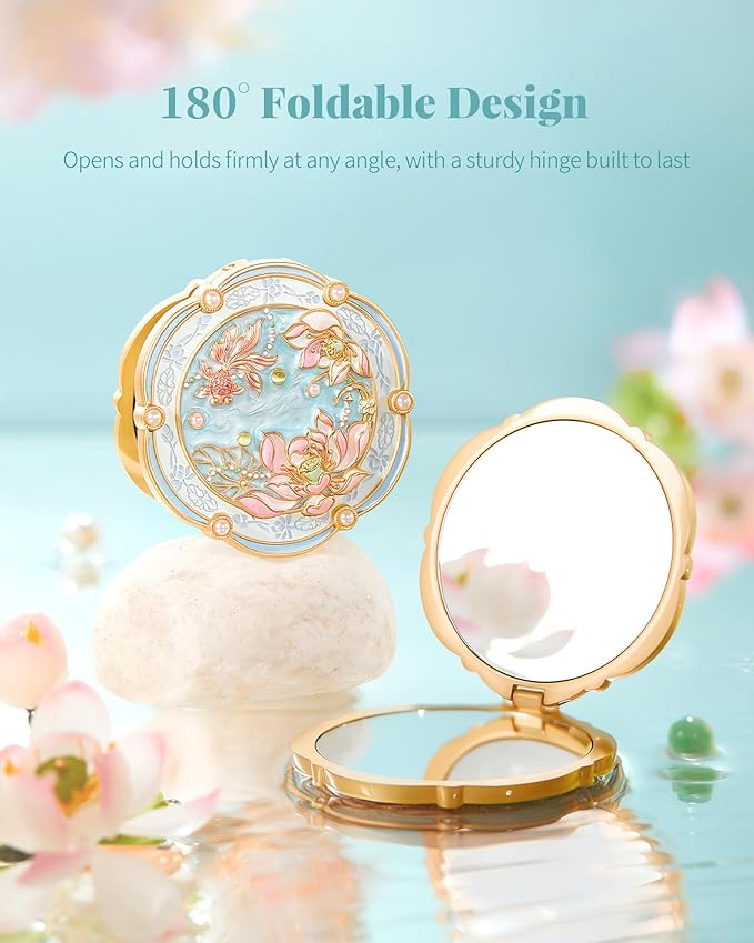 Lotus Bloom Compact Mirror, Small 2X Magnifying Makeup Mirror for Purse Pocket, Mini Portable Folding Blue Mirror, Chinese Style Gift for Women Girls