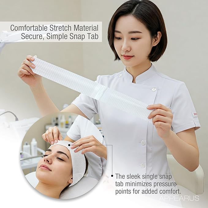 APPEARUS Disposable Spa Facial Headbands (100 Pack) – Individually Wrapped, Stretchable Non-Woven Hair Wraps with Single Snap Tab for Estheticians, Makeup, and Skincare