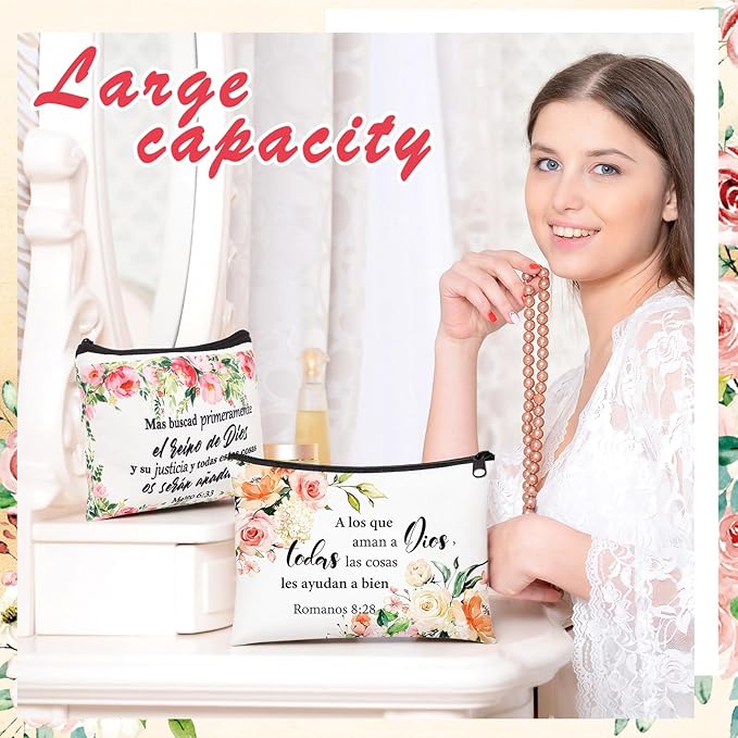 Pinkunn 16 Pcs Valentines Canvas Makeup Bags Bulk Inspirational Christian Women Religious Galentine Gifts Inspirational Bible Verse Pencil Pouch Makeup Bags with Zipper for Travel(Spanish Floral)