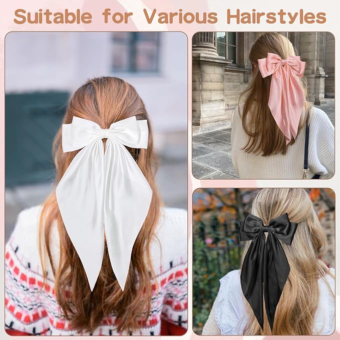 6 PCS Hair Bows for Women, Big Bow Hair Clips for Girls, Silky Satin Hair Bows Clips Oversized Long Tail, Large Cute Aesthetic Hair Accessories, Metal Bow Hair Clips Holiday Gifts Blue