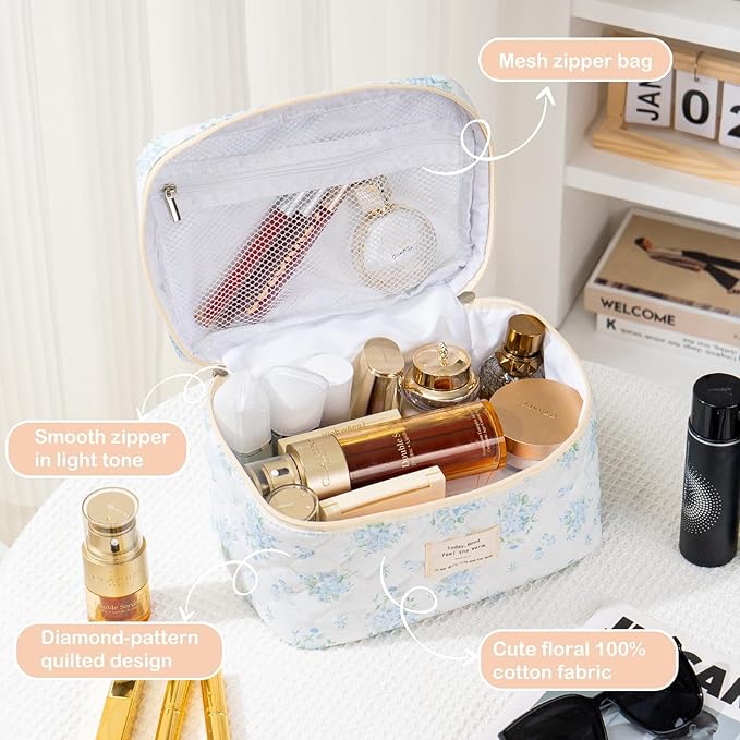 Makeup Bag for Women 3PCS Quilted Cotton Make Up Bag Travel Cosmetic Bag Large Makeup Bag Set Cute Makeup Bags Organizer Floral Toiletry Bag Makeup Pouch, Blue