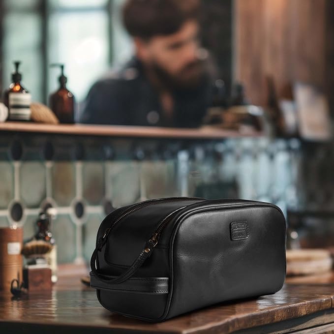 LEATHER VILLAGE Genuine Leather Toiletry Travel Pouch With Waterproof Lining - Black | King-Size Handcrafted Vintage Dopp Kit Bag, Shaving & Bathroom Organizer, Gift for Men & Women