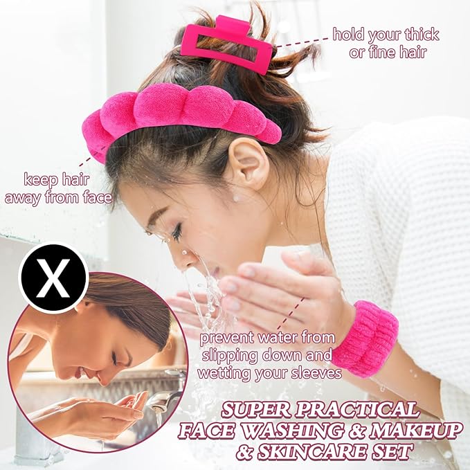 Canitor Spa Headband Wrist Bands Set with Hair Clips Skincare Skin Care Makeup for Washing Face Hot Pink Gifts for Women Preppy Tween Teen Girl Cute Trendy Stuff