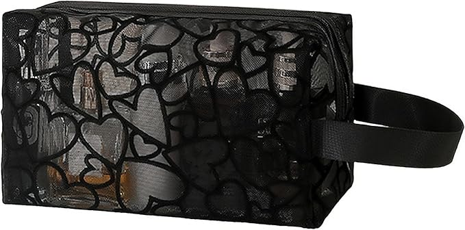 4 Pieces Heart Printed Mesh Makeup Bag Set, Portable Travel Mesh Cosmetic Bags Toiletry Bags Makeup Purse Bags with Zipper Storage Pouches for Home Offices Travel Accessories (Black)